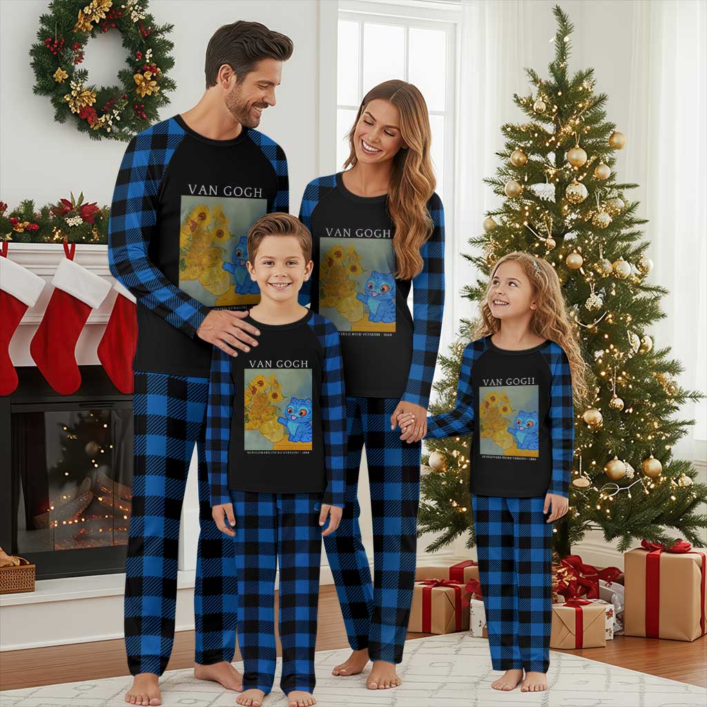 Van Gogh Kpop Fan Plaid Pajama Set Blue Tiger Vintage Art Sunflower Cat