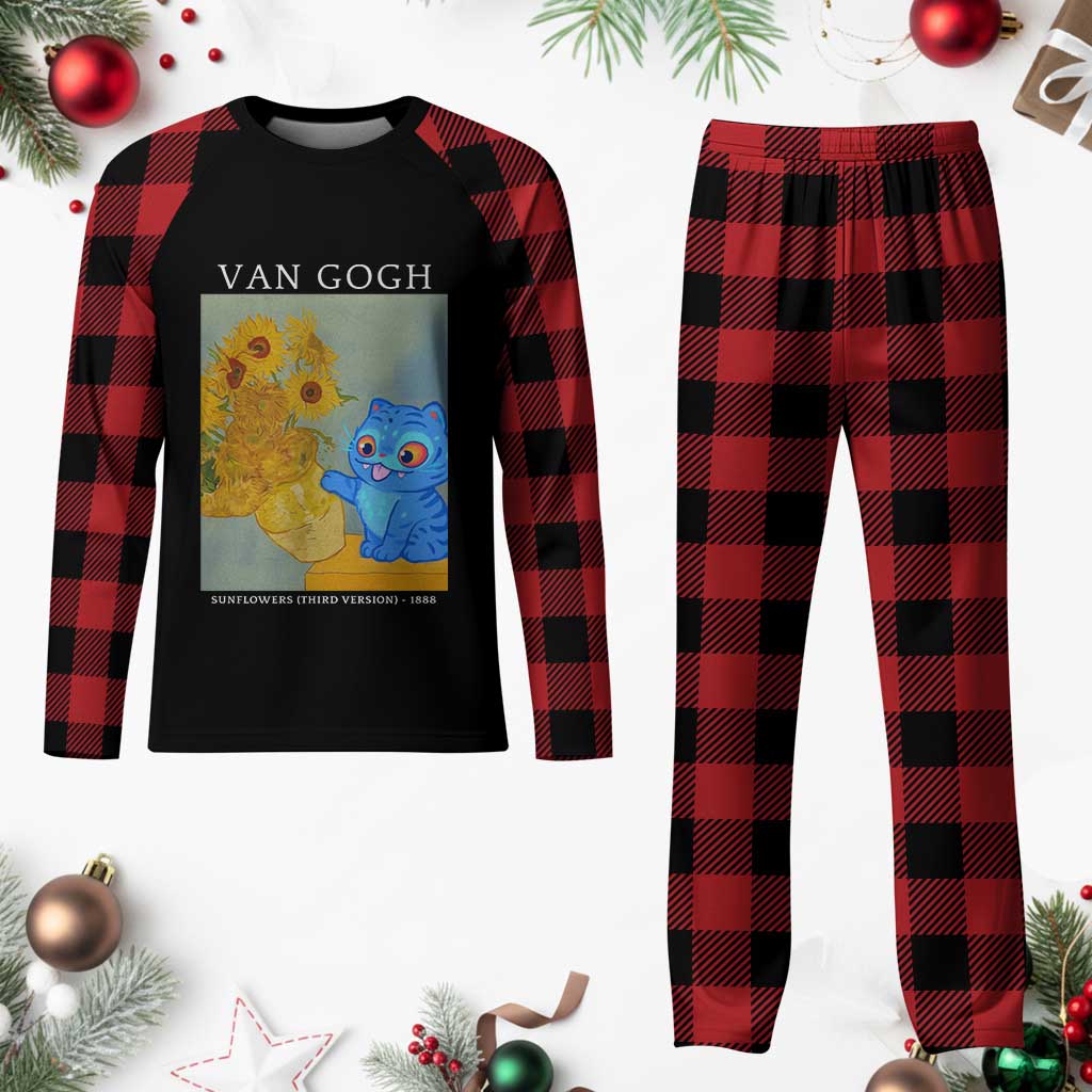 Van Gogh Kpop Fan Plaid Pajama Set Blue Tiger Vintage Art Sunflower Cat