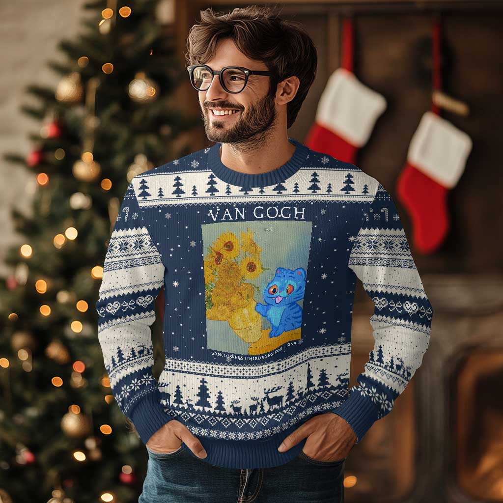 Van Gogh Kpop Fan Ugly Christmas Sweater Blue Tiger Vintage Art Sunflower Cat
