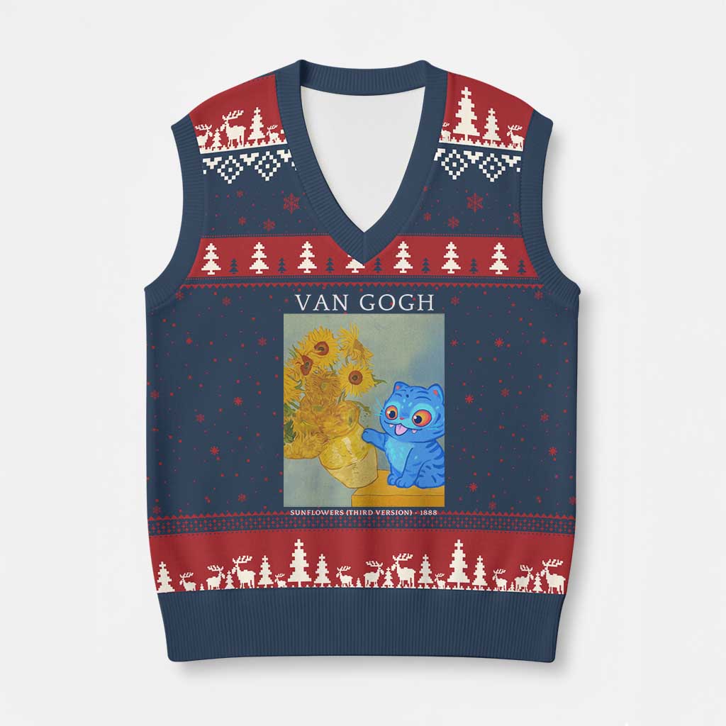 Van Gogh Kpop Fan V-Neck Knit Sweater Vest Blue Tiger Vintage Art Sunflower Cat