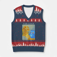Van Gogh Kpop Fan V-Neck Knit Sweater Vest Blue Tiger Vintage Art Sunflower Cat
