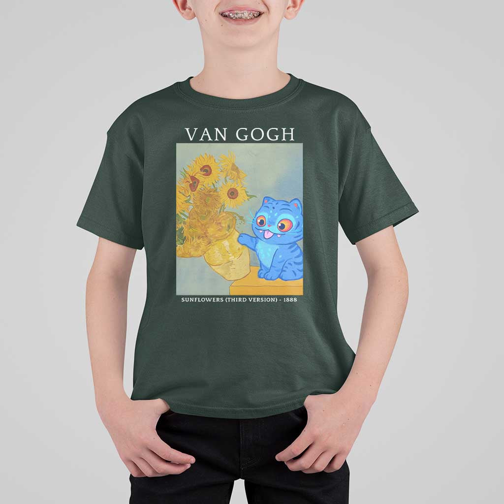 Van Gogh Kpop Fan T Shirt For Kid Blue Tiger Vintage Art Sunflower Cat