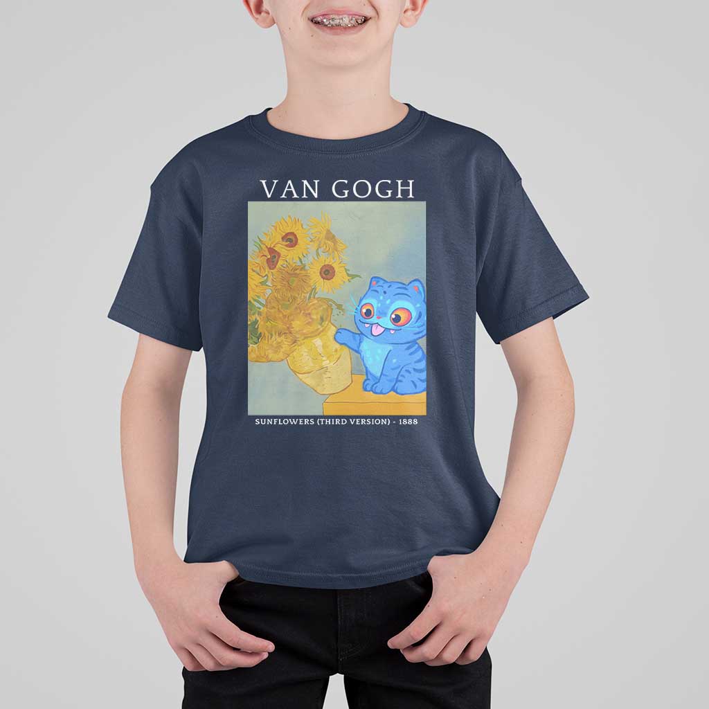 Van Gogh Kpop Fan T Shirt For Kid Blue Tiger Vintage Art Sunflower Cat