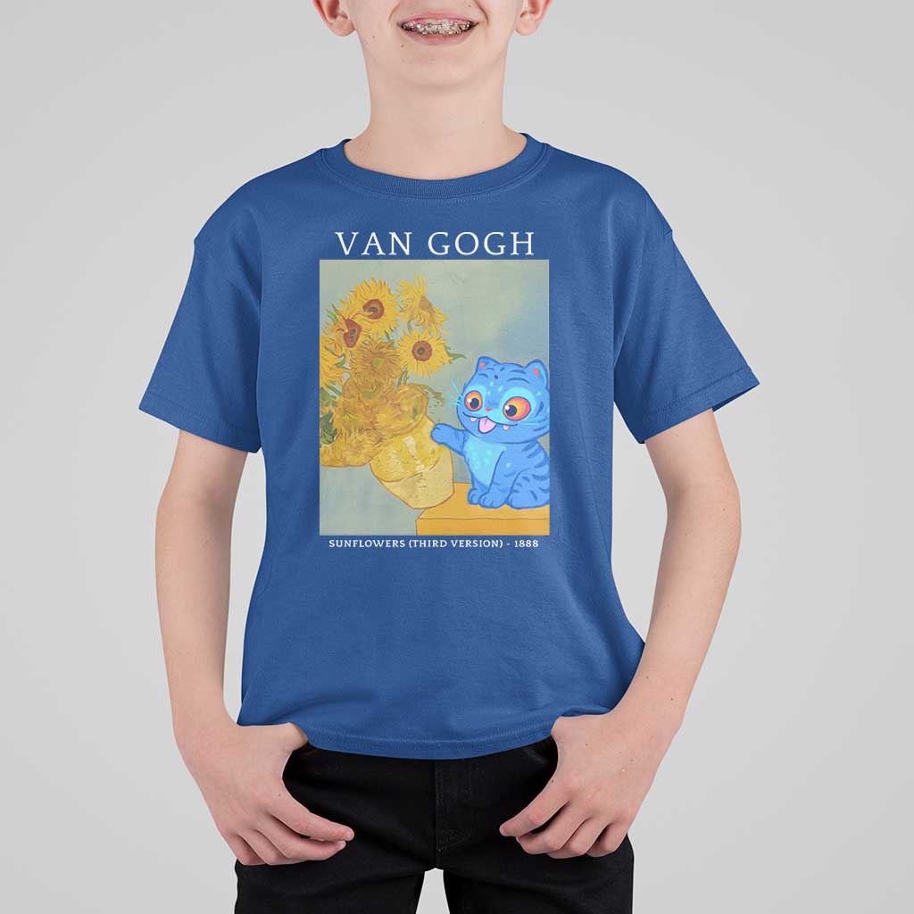 Van Gogh Kpop Fan T Shirt For Kid Blue Tiger Vintage Art Sunflower Cat