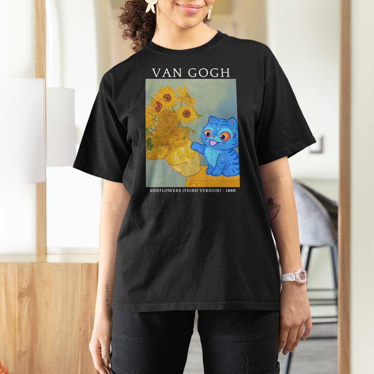 Van Gogh Kpop Fan T Shirt For Women Blue Tiger Vintage Art Sunflower Cat