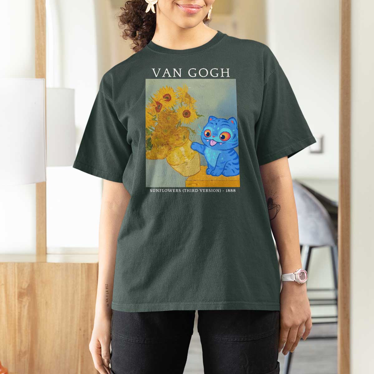Van Gogh Kpop Fan T Shirt For Women Blue Tiger Vintage Art Sunflower Cat