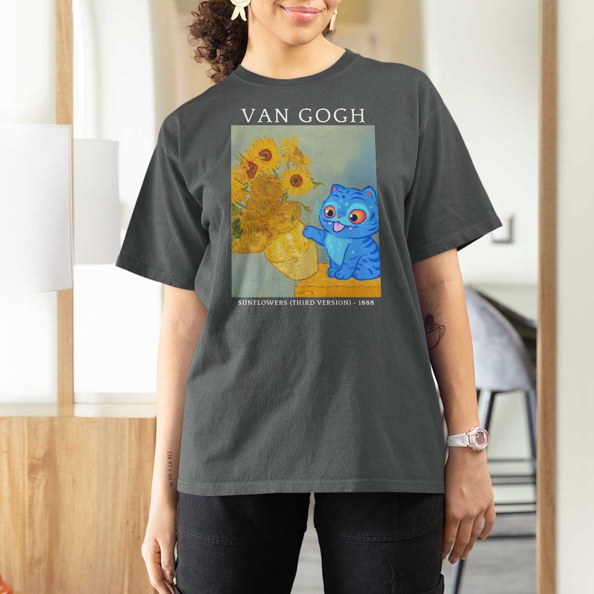 Van Gogh Kpop Fan T Shirt For Women Blue Tiger Vintage Art Sunflower Cat