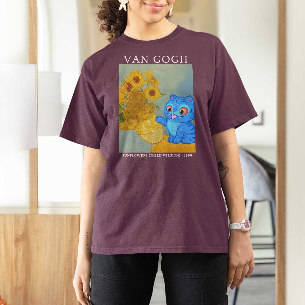 Van Gogh Kpop Fan T Shirt For Women Blue Tiger Vintage Art Sunflower Cat