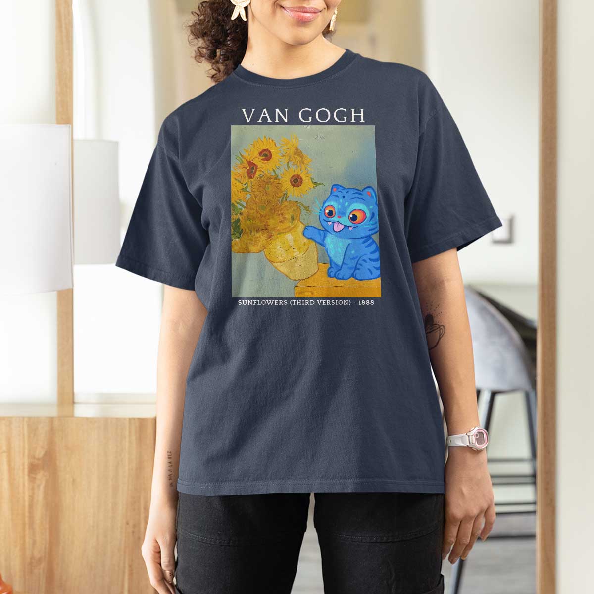 Van Gogh Kpop Fan T Shirt For Women Blue Tiger Vintage Art Sunflower Cat