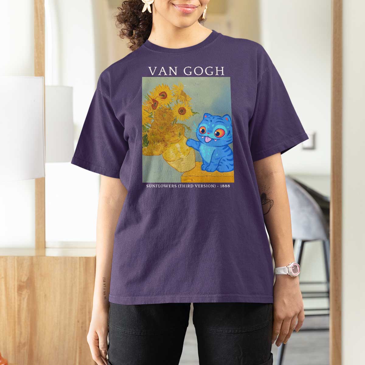 Van Gogh Kpop Fan T Shirt For Women Blue Tiger Vintage Art Sunflower Cat