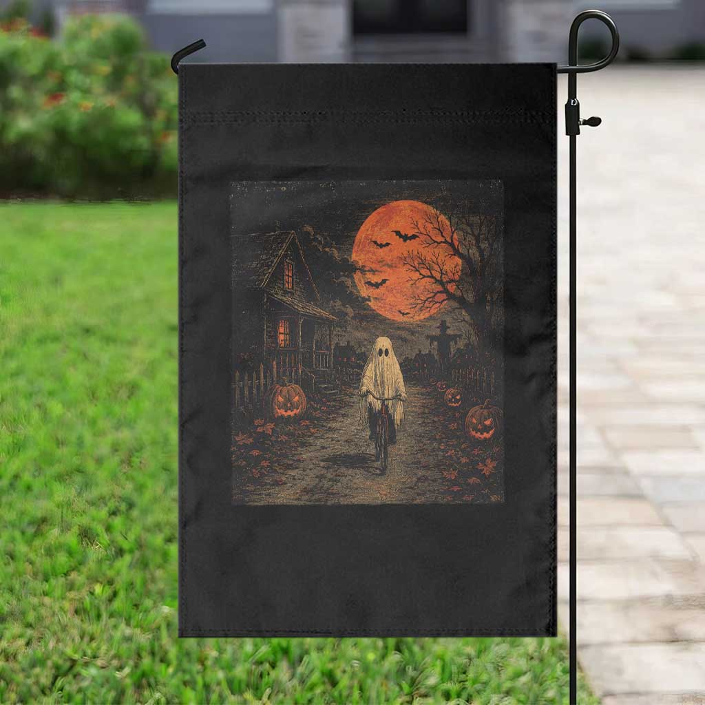 Halloween Spooky Ghost Biking Garden Flag Vintage Ghost Riding Bicycle Gothic Moonlit Pumpkin Autumn Graphic