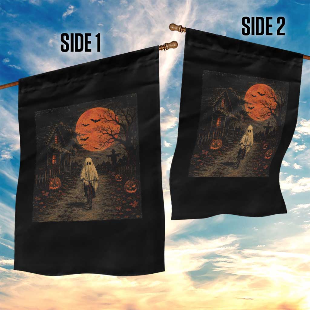 Halloween Spooky Ghost Biking Garden Flag Vintage Ghost Riding Bicycle Gothic Moonlit Pumpkin Autumn Graphic