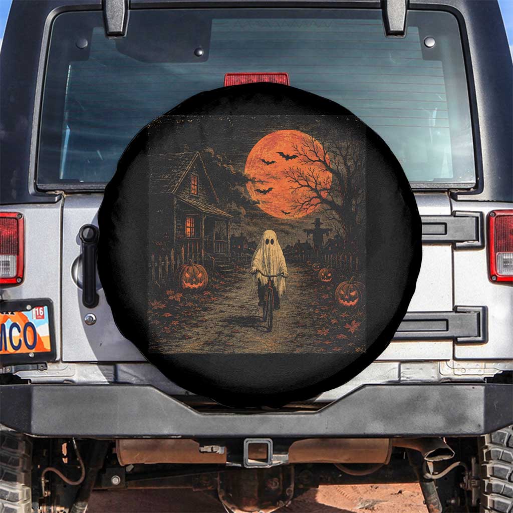Halloween Spooky Ghost Biking Spare Tire Cover Vintage Ghost Riding Bicycle Gothic Moonlit Pumpkin Autumn Graphic