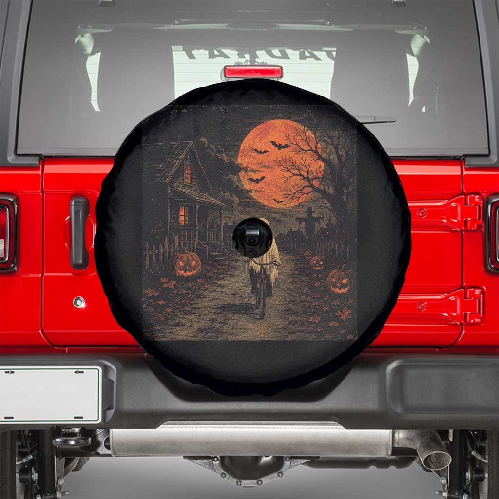Halloween Spooky Ghost Biking Spare Tire Cover Vintage Ghost Riding Bicycle Gothic Moonlit Pumpkin Autumn Graphic