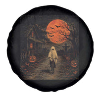 Halloween Spooky Ghost Biking Spare Tire Cover Vintage Ghost Riding Bicycle Gothic Moonlit Pumpkin Autumn Graphic