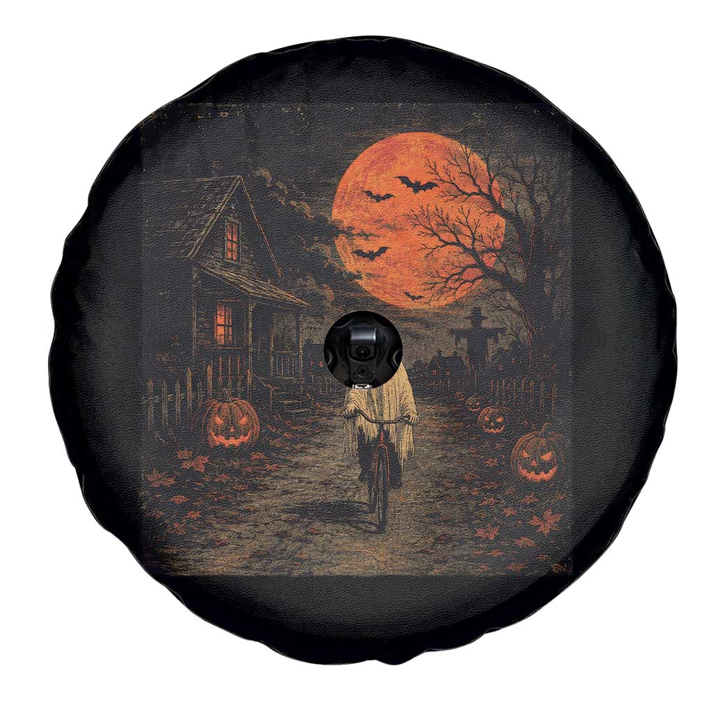 Halloween Spooky Ghost Biking Spare Tire Cover Vintage Ghost Riding Bicycle Gothic Moonlit Pumpkin Autumn Graphic