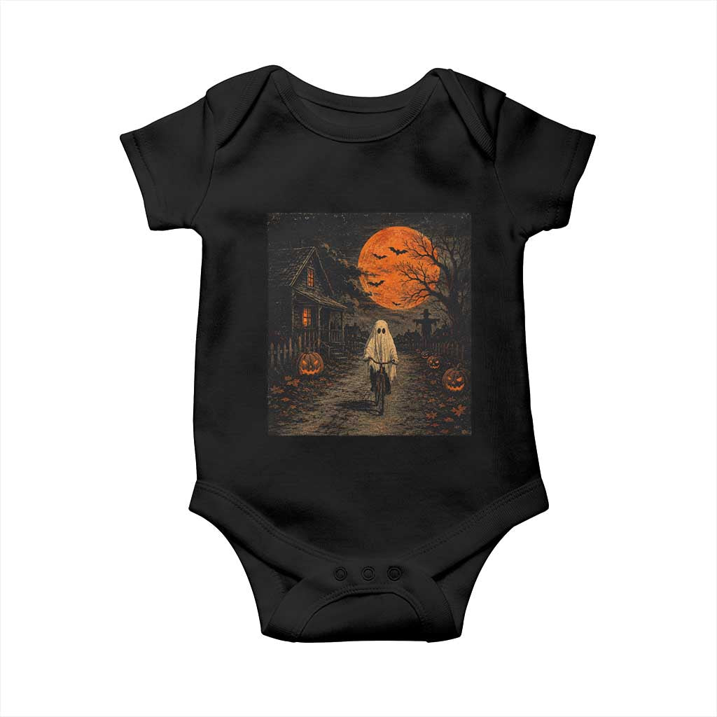 Halloween Spooky Ghost Biking Baby Onesie Vintage Ghost Riding Bicycle Gothic Moonlit Pumpkin Autumn Graphic
