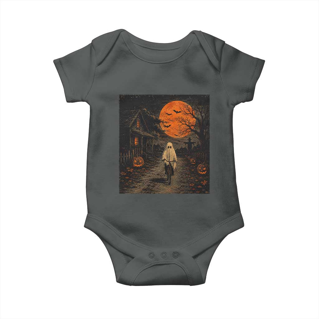 Halloween Spooky Ghost Biking Baby Onesie Vintage Ghost Riding Bicycle Gothic Moonlit Pumpkin Autumn Graphic