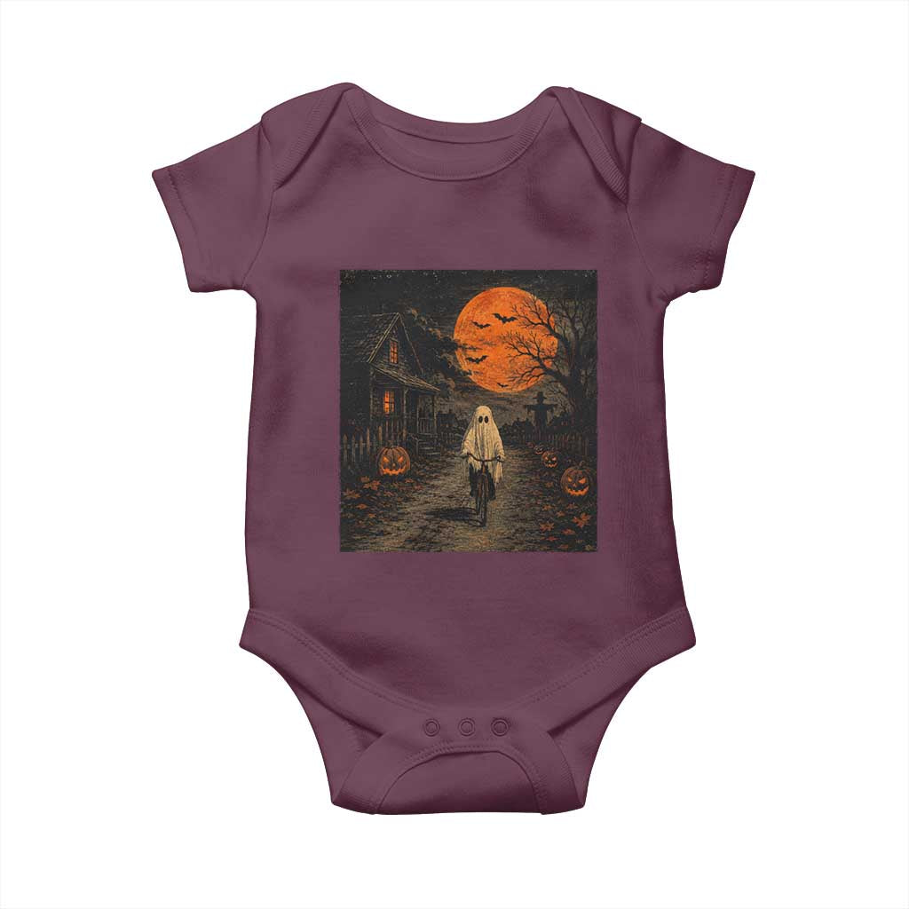 Halloween Spooky Ghost Biking Baby Onesie Vintage Ghost Riding Bicycle Gothic Moonlit Pumpkin Autumn Graphic