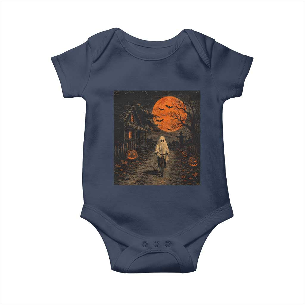 Halloween Spooky Ghost Biking Baby Onesie Vintage Ghost Riding Bicycle Gothic Moonlit Pumpkin Autumn Graphic