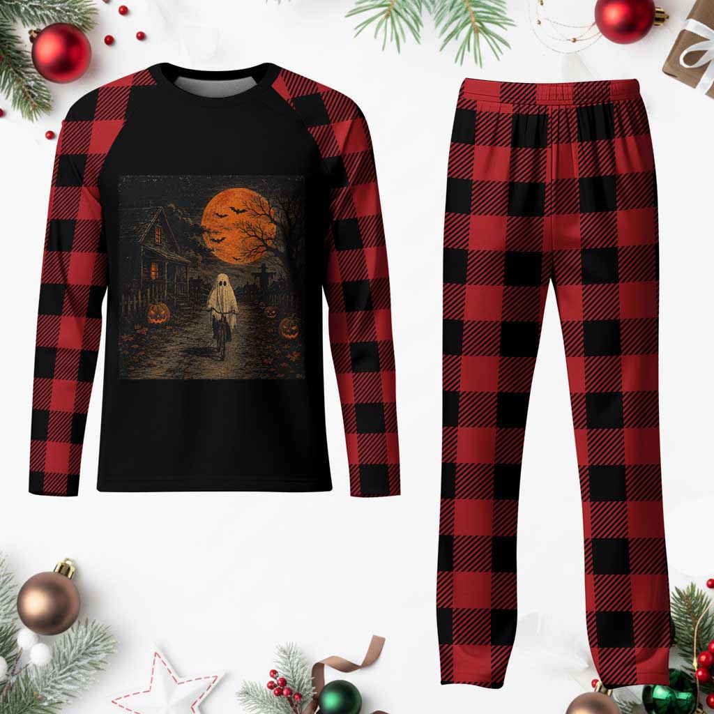 Halloween Spooky Ghost Biking Plaid Pajama Set Vintage Ghost Riding Bicycle Gothic Moonlit Pumpkin Autumn Graphic