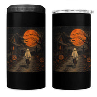 Halloween Spooky Ghost Biking 4 in 1 Can Cooler Tumbler Vintage Ghost Riding Bicycle Gothic Moonlit Pumpkin Autumn Graphic