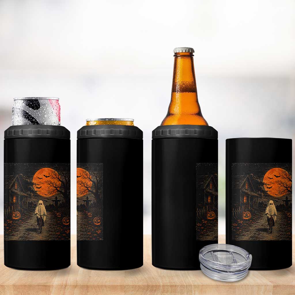 Halloween Spooky Ghost Biking 4 in 1 Can Cooler Tumbler Vintage Ghost Riding Bicycle Gothic Moonlit Pumpkin Autumn Graphic