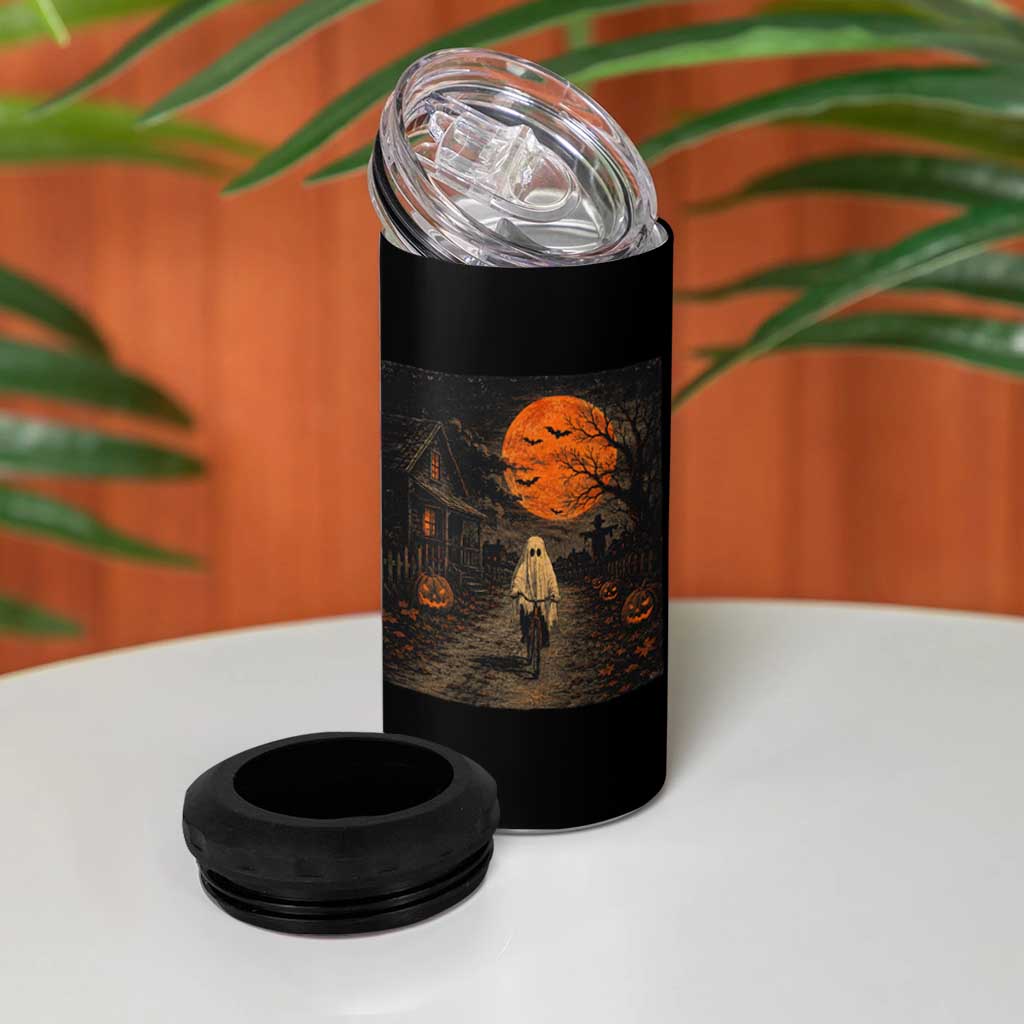 Halloween Spooky Ghost Biking 4 in 1 Can Cooler Tumbler Vintage Ghost Riding Bicycle Gothic Moonlit Pumpkin Autumn Graphic
