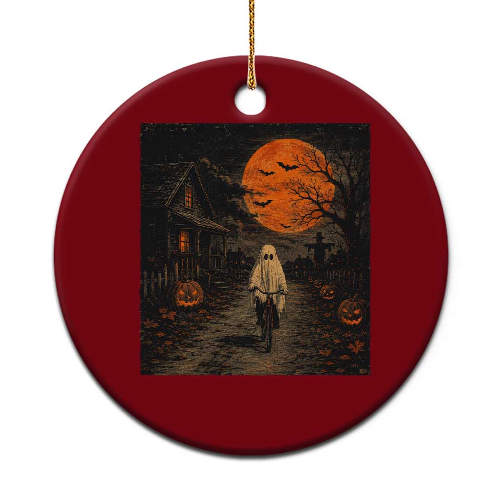 Halloween Spooky Ghost Biking Ceramic Ornament Vintage Ghost Riding Bicycle Gothic Moonlit Pumpkin Autumn Graphic