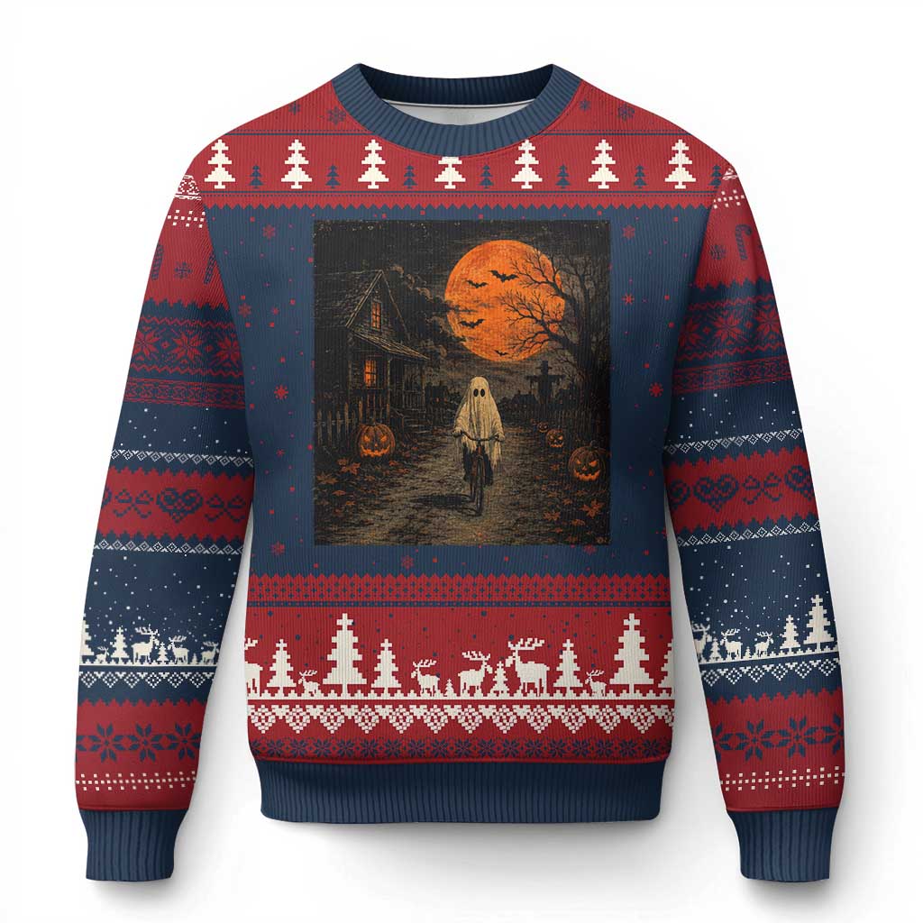 Halloween Spooky Ghost Biking Ugly Christmas Sweater Vintage Ghost Riding Bicycle Gothic Moonlit Pumpkin Autumn Graphic