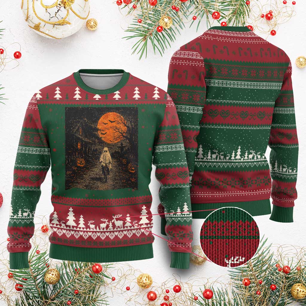 Halloween Spooky Ghost Biking Ugly Christmas Sweater Vintage Ghost Riding Bicycle Gothic Moonlit Pumpkin Autumn Graphic