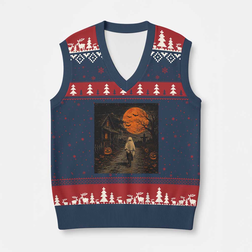 Halloween Spooky Ghost Biking V-Neck Knit Sweater Vest Vintage Ghost Riding Bicycle Gothic Moonlit Pumpkin Autumn Graphic