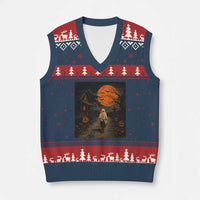 Halloween Spooky Ghost Biking V-Neck Knit Sweater Vest Vintage Ghost Riding Bicycle Gothic Moonlit Pumpkin Autumn Graphic