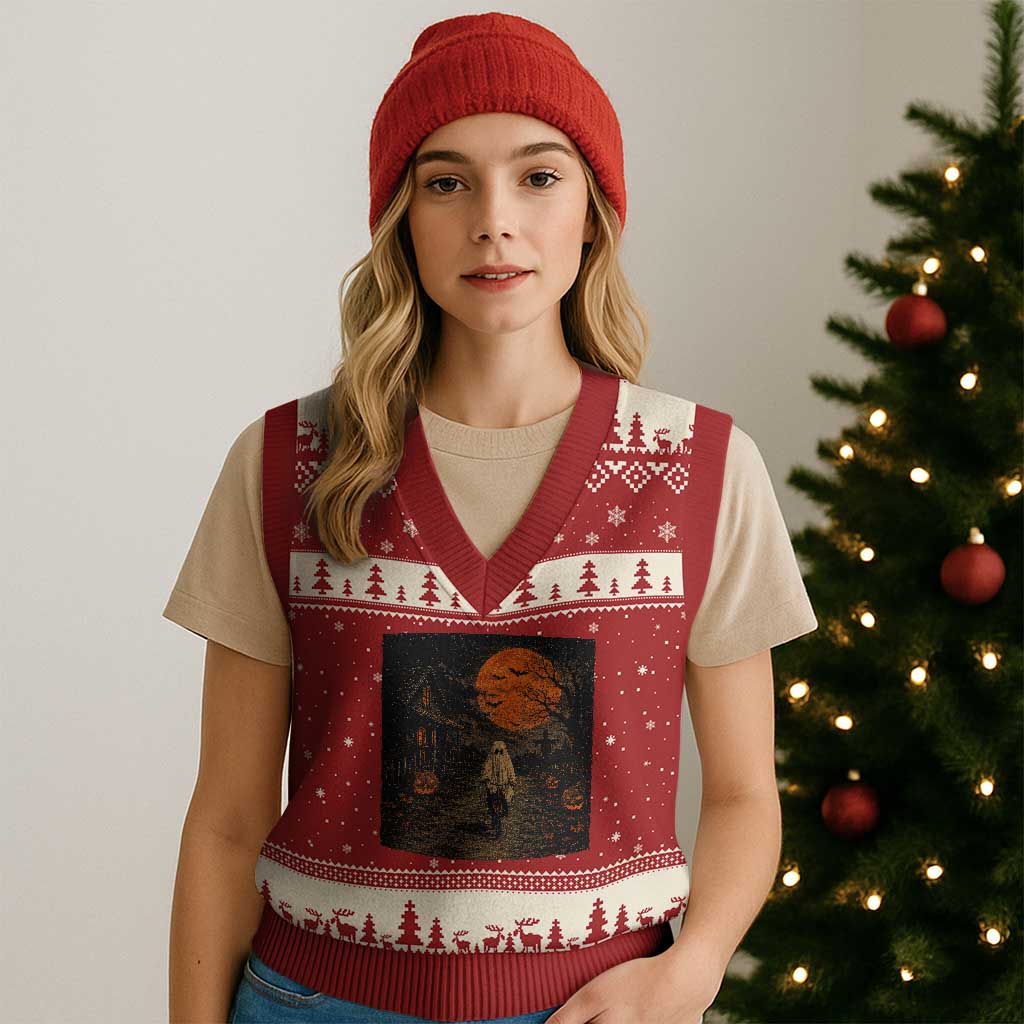 Halloween Spooky Ghost Biking V-Neck Knit Sweater Vest Vintage Ghost Riding Bicycle Gothic Moonlit Pumpkin Autumn Graphic