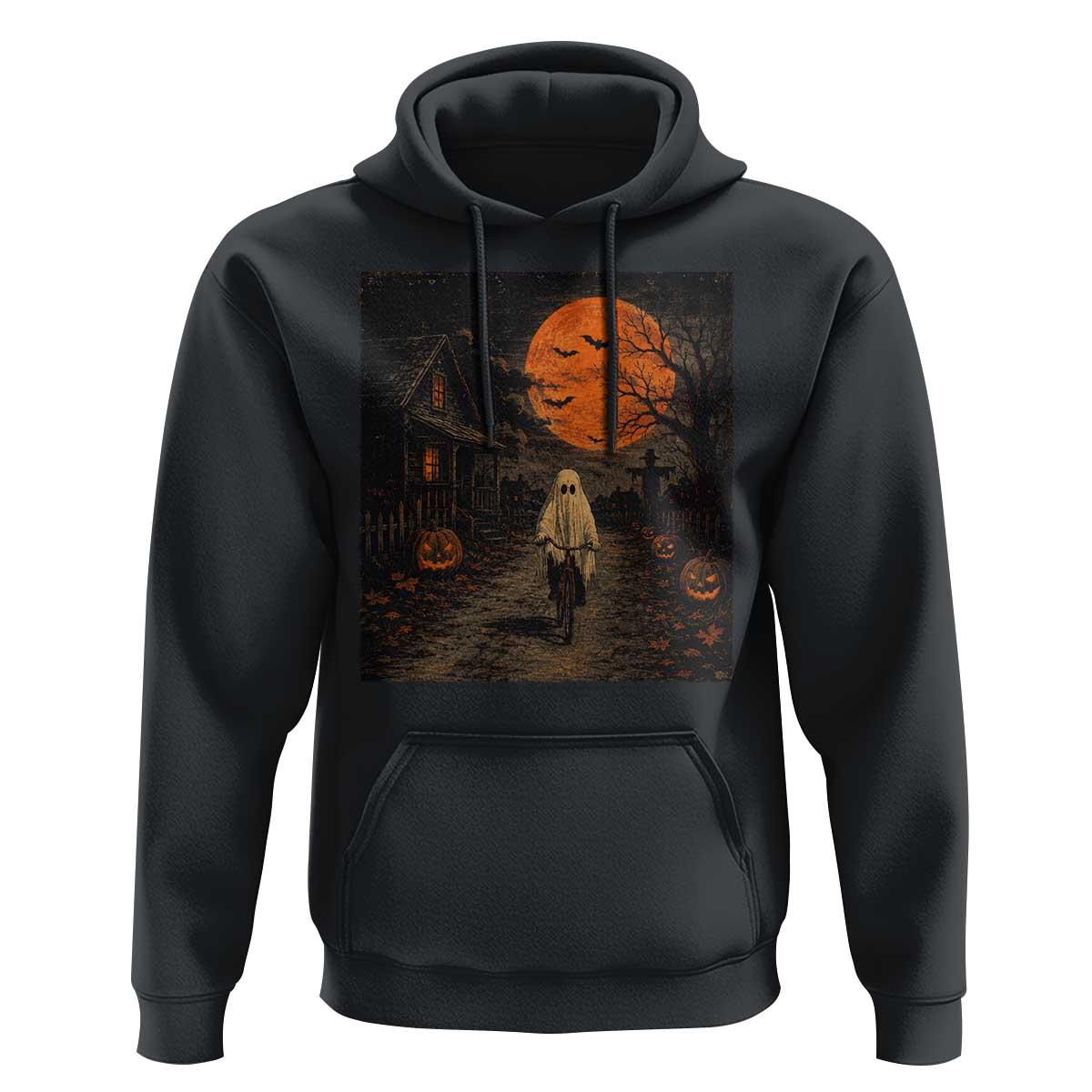 Halloween Spooky Ghost Biking Hoodie Vintage Ghost Riding Bicycle Gothic Moonlit Pumpkin Autumn Graphic