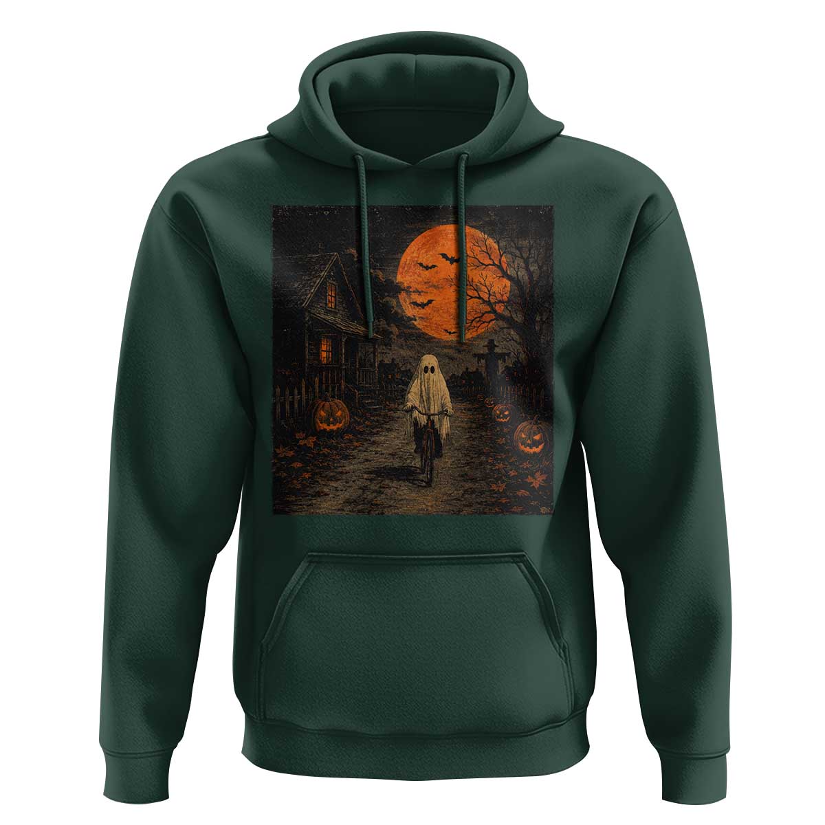 Halloween Spooky Ghost Biking Hoodie Vintage Ghost Riding Bicycle Gothic Moonlit Pumpkin Autumn Graphic