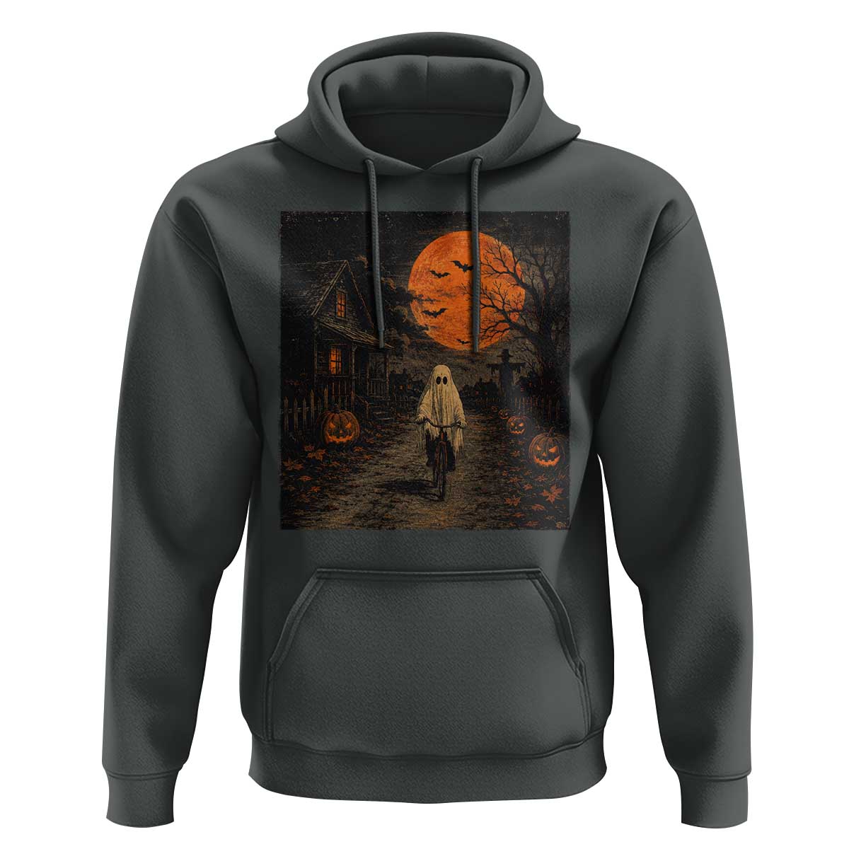 Halloween Spooky Ghost Biking Hoodie Vintage Ghost Riding Bicycle Gothic Moonlit Pumpkin Autumn Graphic