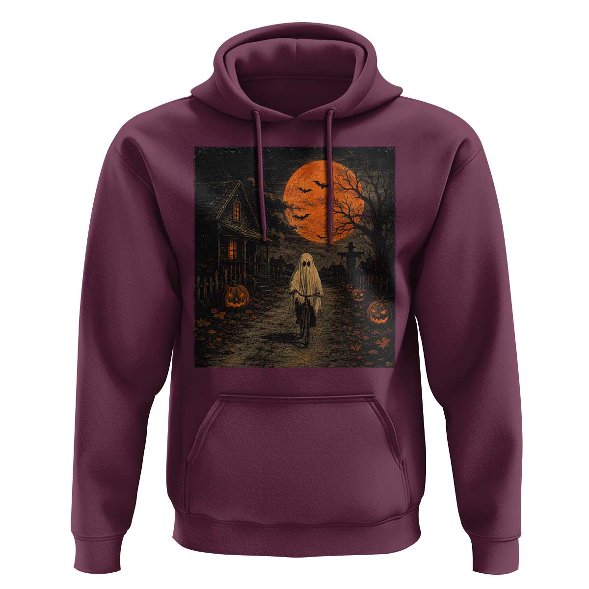 Halloween Spooky Ghost Biking Hoodie Vintage Ghost Riding Bicycle Gothic Moonlit Pumpkin Autumn Graphic