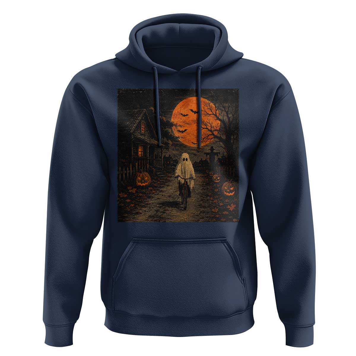 Halloween Spooky Ghost Biking Hoodie Vintage Ghost Riding Bicycle Gothic Moonlit Pumpkin Autumn Graphic