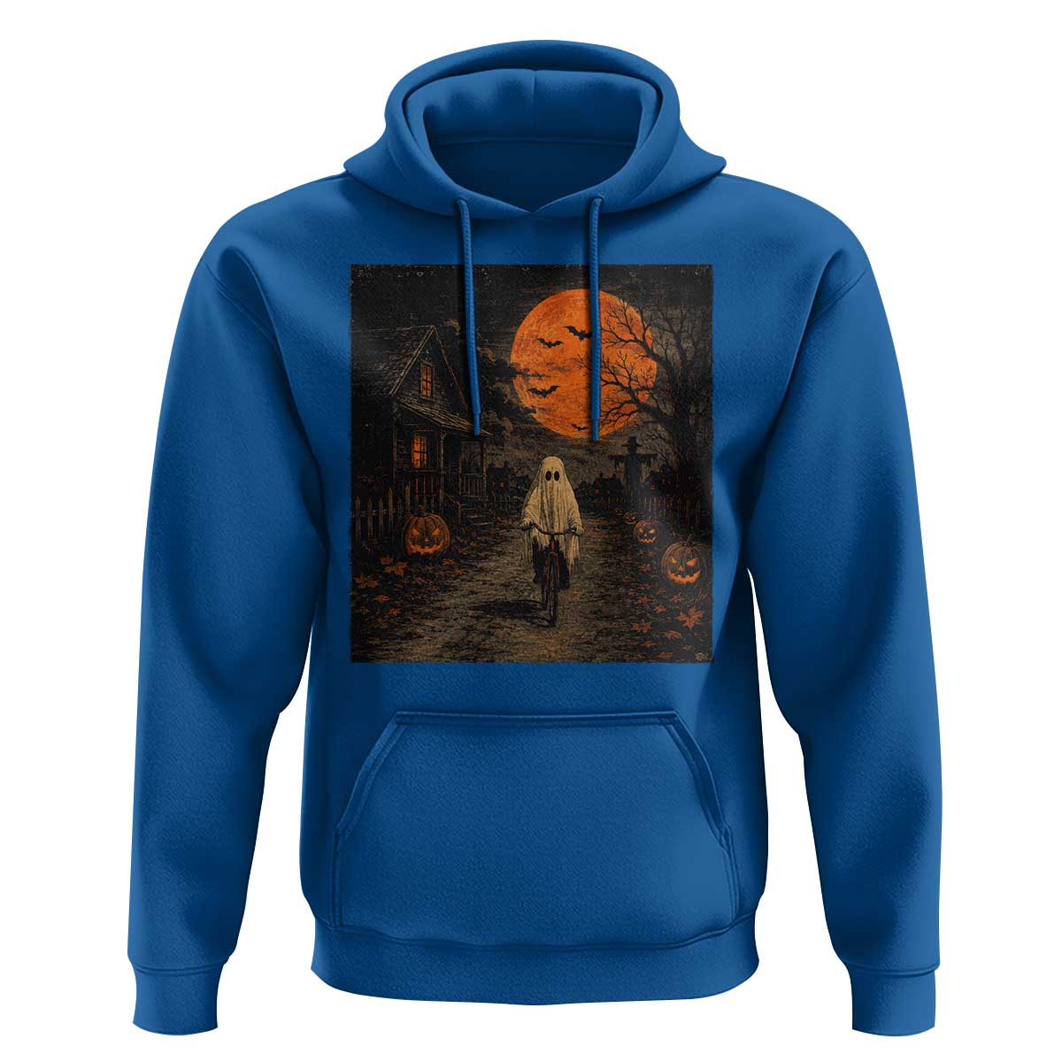 Halloween Spooky Ghost Biking Hoodie Vintage Ghost Riding Bicycle Gothic Moonlit Pumpkin Autumn Graphic