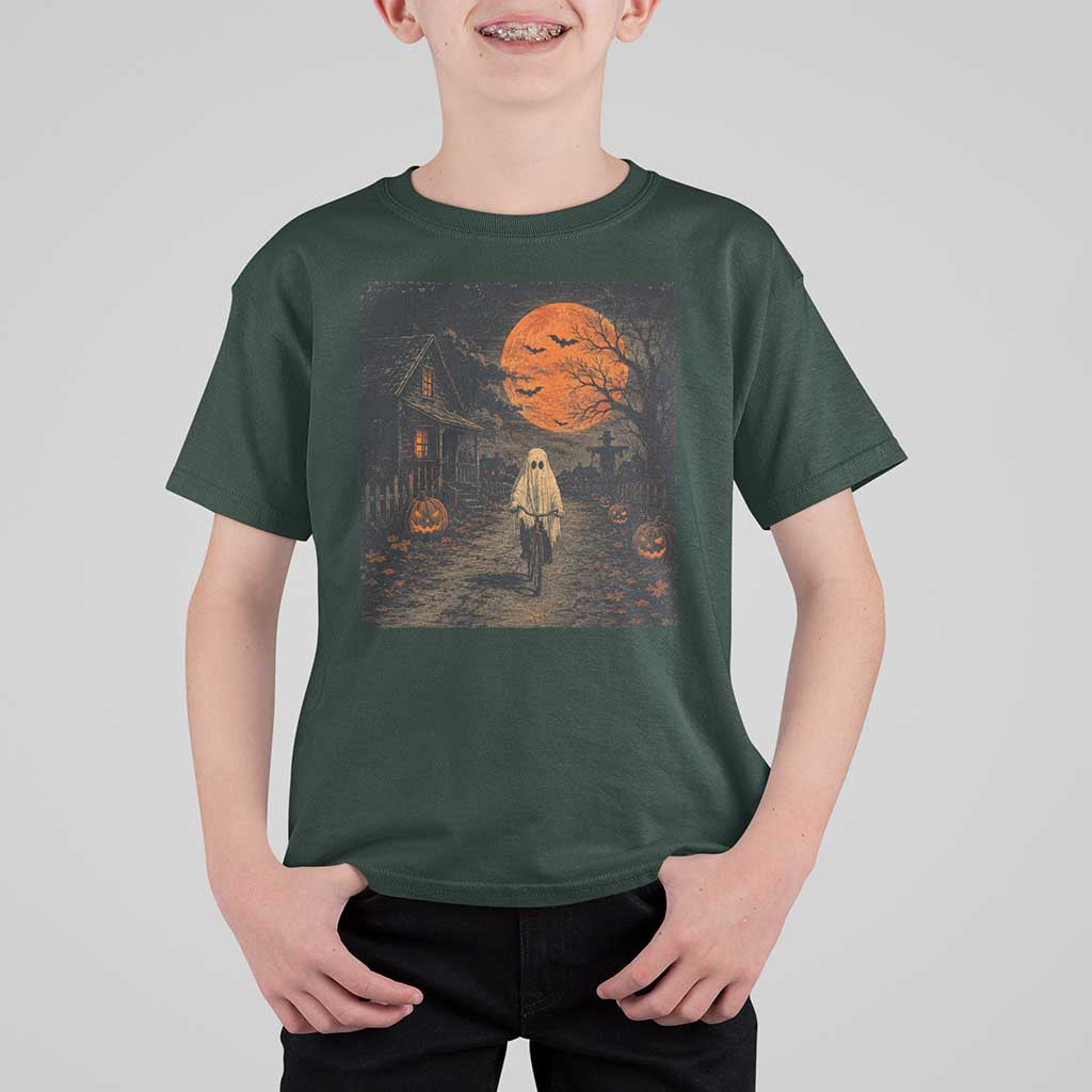 Halloween Spooky Ghost Biking T Shirt For Kid Vintage Ghost Riding Bicycle Gothic Moonlit Pumpkin Autumn Graphic