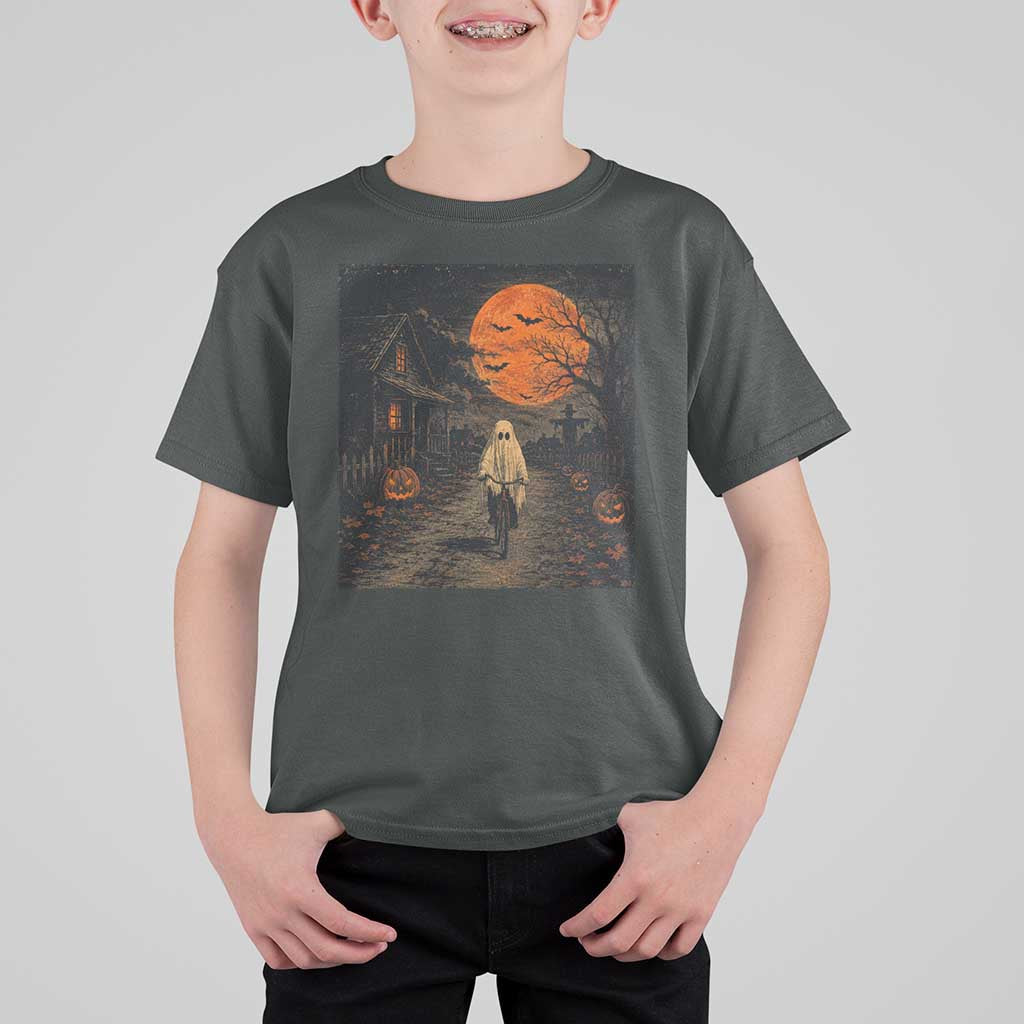 Halloween Spooky Ghost Biking T Shirt For Kid Vintage Ghost Riding Bicycle Gothic Moonlit Pumpkin Autumn Graphic