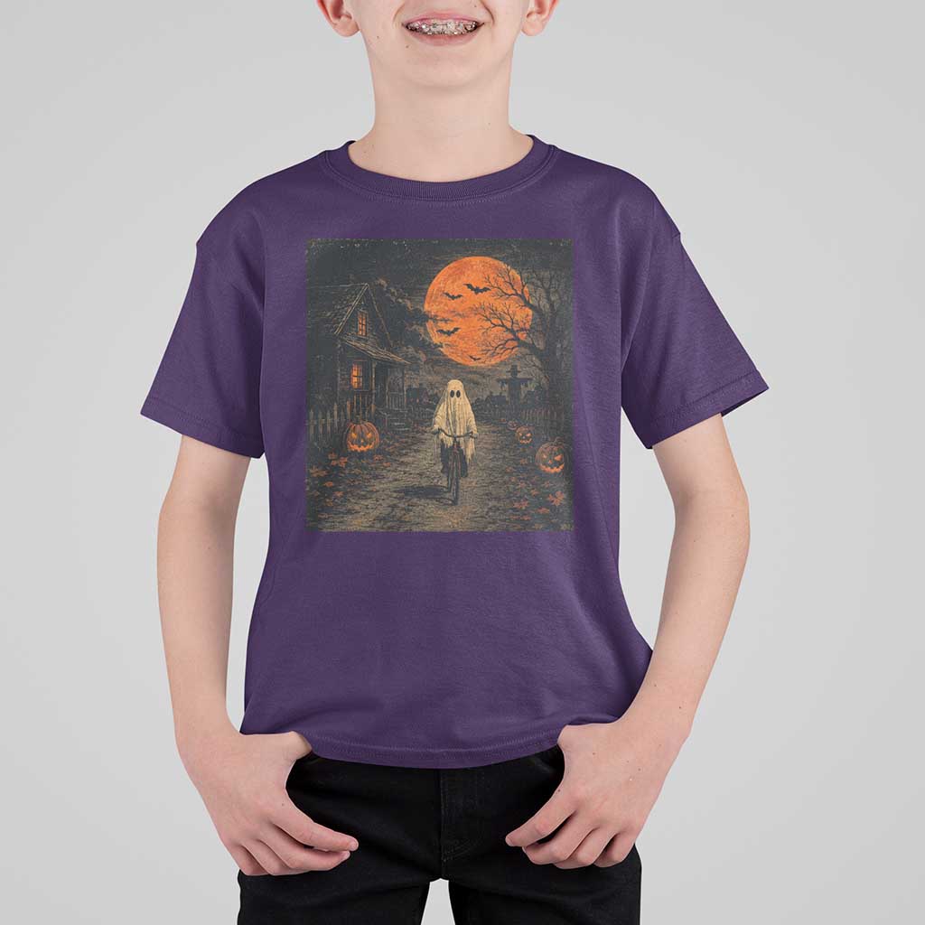 Halloween Spooky Ghost Biking T Shirt For Kid Vintage Ghost Riding Bicycle Gothic Moonlit Pumpkin Autumn Graphic