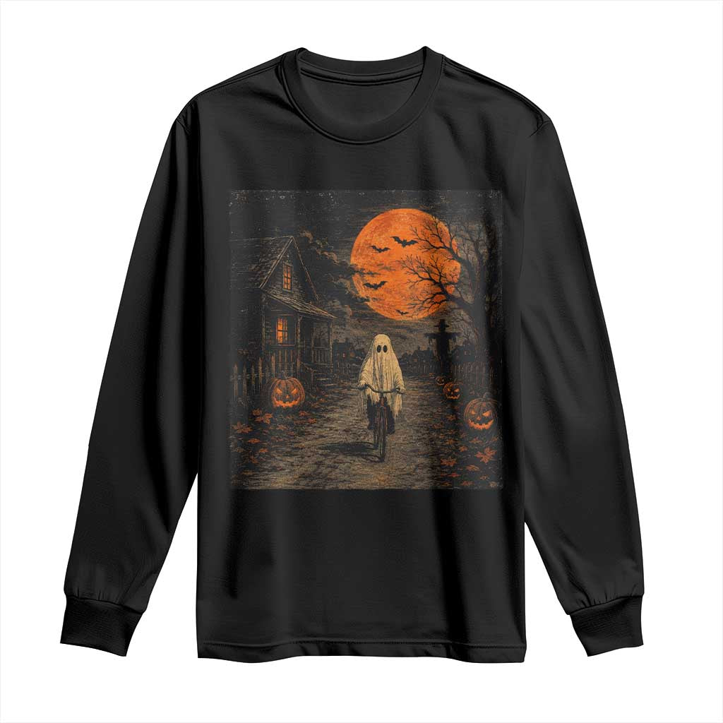Halloween Spooky Ghost Biking Long Sleeve Shirt Vintage Ghost Riding Bicycle Gothic Moonlit Pumpkin Autumn Graphic