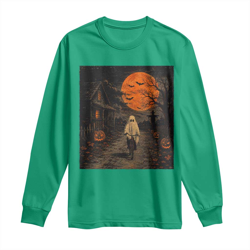 Halloween Spooky Ghost Biking Long Sleeve Shirt Vintage Ghost Riding Bicycle Gothic Moonlit Pumpkin Autumn Graphic