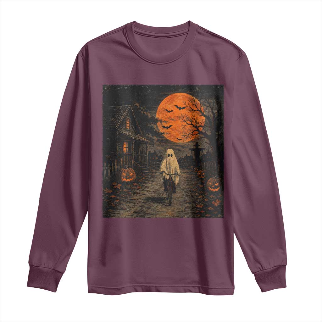 Halloween Spooky Ghost Biking Long Sleeve Shirt Vintage Ghost Riding Bicycle Gothic Moonlit Pumpkin Autumn Graphic