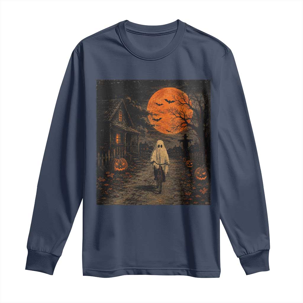 Halloween Spooky Ghost Biking Long Sleeve Shirt Vintage Ghost Riding Bicycle Gothic Moonlit Pumpkin Autumn Graphic