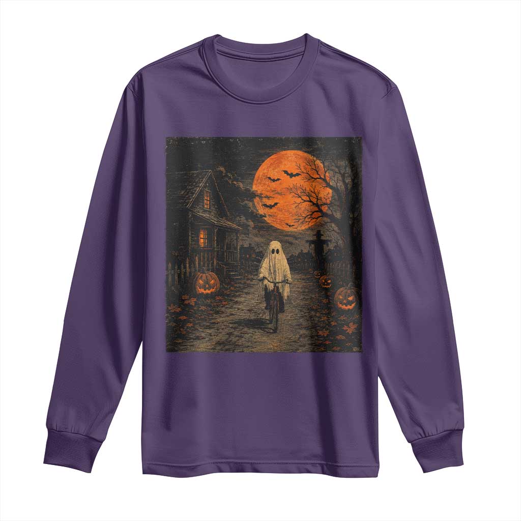 Halloween Spooky Ghost Biking Long Sleeve Shirt Vintage Ghost Riding Bicycle Gothic Moonlit Pumpkin Autumn Graphic