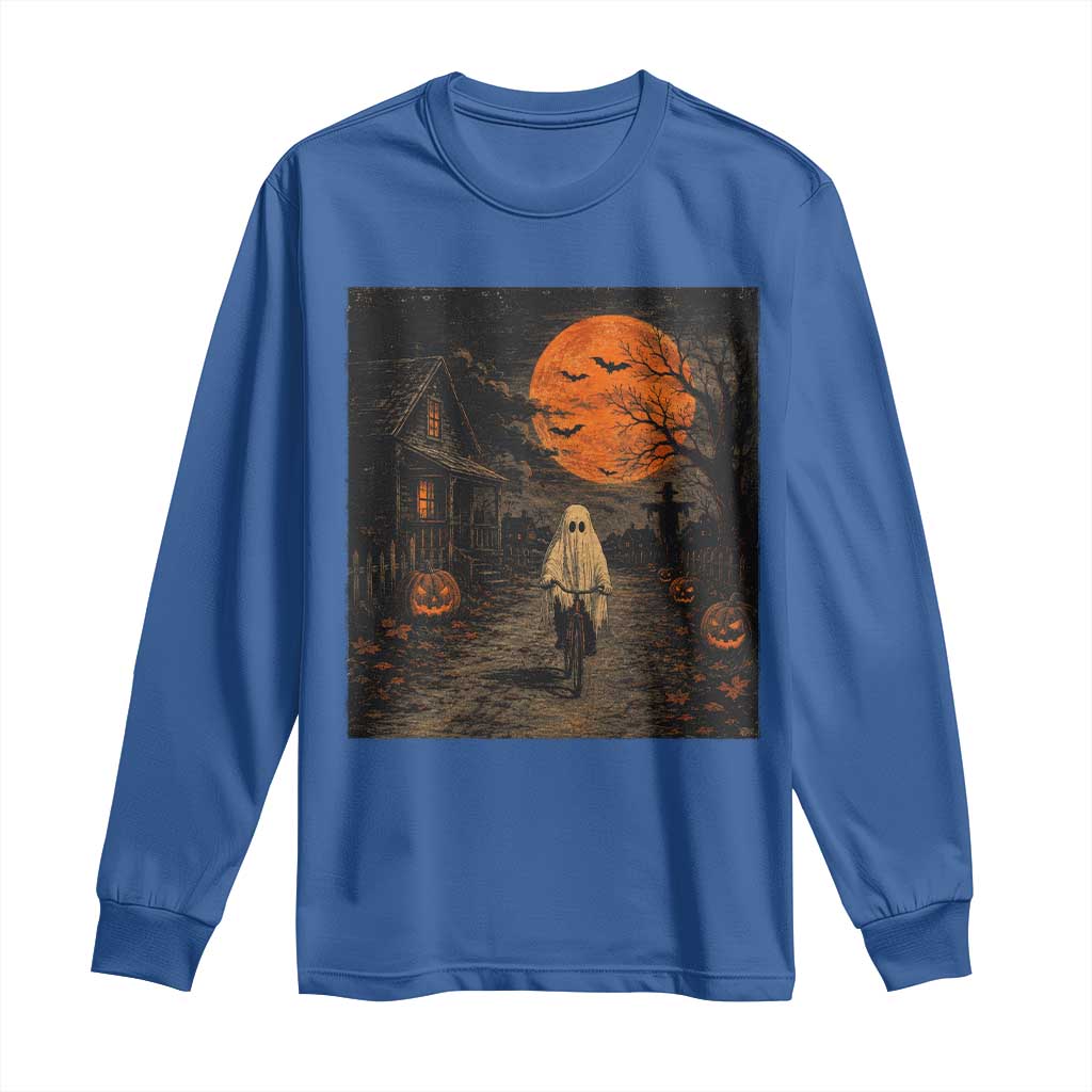 Halloween Spooky Ghost Biking Long Sleeve Shirt Vintage Ghost Riding Bicycle Gothic Moonlit Pumpkin Autumn Graphic