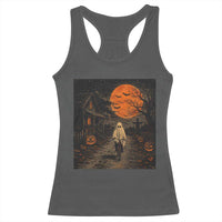 Halloween Spooky Ghost Biking Racerback Tank Top Vintage Ghost Riding Bicycle Gothic Moonlit Pumpkin Autumn Graphic